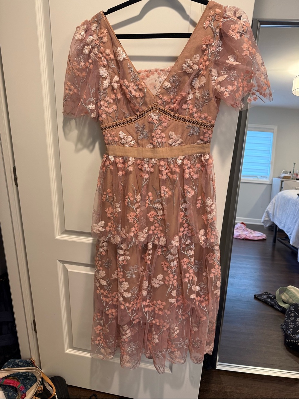 Self-Portrait Dusty Pink Embroidered Floral Midi Dress